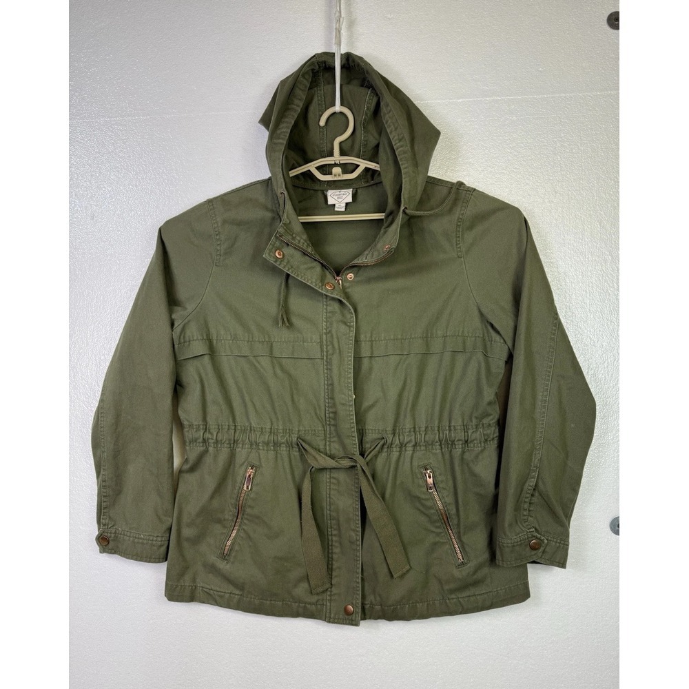 St Johns Bay Womens Hooded Military Jacket Sz XL Khaki Olive Green Gold Zipper